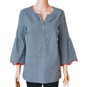 Talbots Gingham Ladybug Spring Top S Black White 3/4 Scalloped Bell Sleeve Tunic